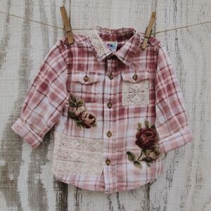 Upcycled Plaid Kids Shirt with Floral Accents